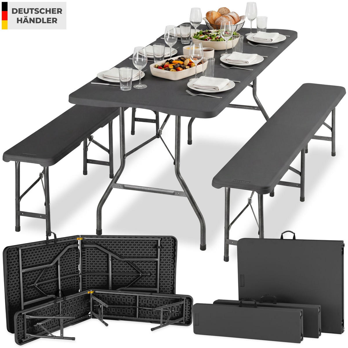 BIERZELTGARNITUR Panja, gummierte Tragegriffe, anthrazit - Anthrazit, Naturmaterialien/Kunststoff (70/180/74cm) - tectake
