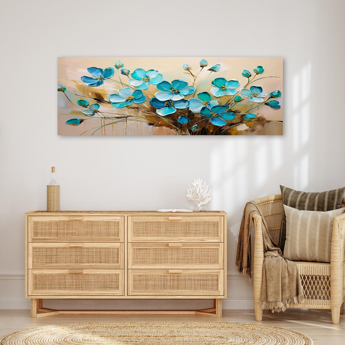 WANDBILD türkise blumen pflanzen naturstrauß - Türkis, Textil (90/30cm) - Feeby