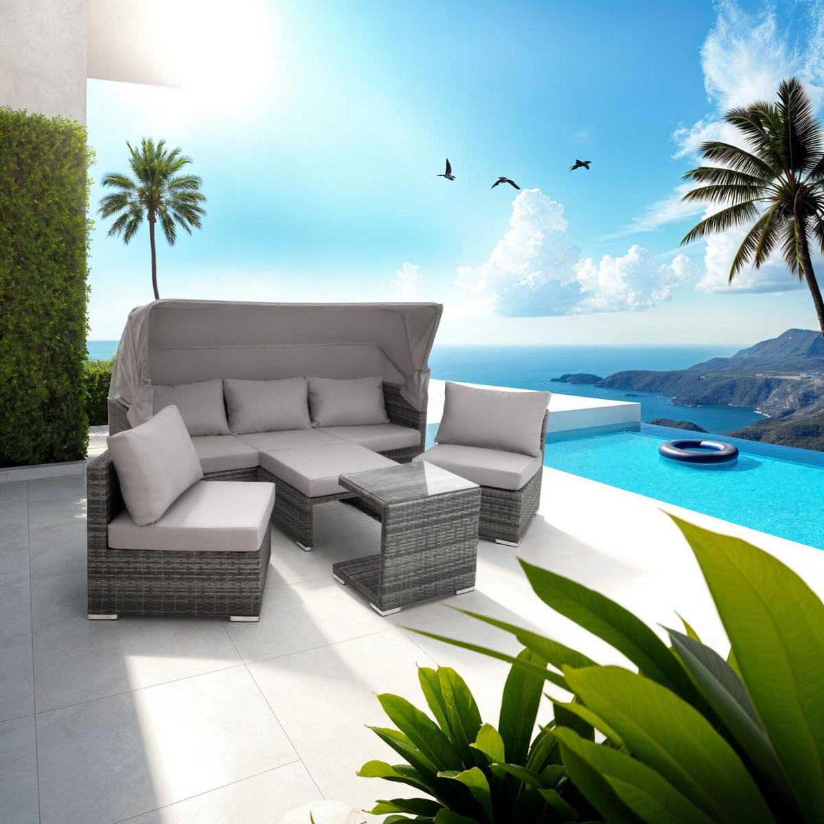 RATTANLOUNGE San Marino, mit Sicherheitsglasplatte, variabel aufstellbar, grau - Grau, Kunststoff (68/131/199cm) - tectake