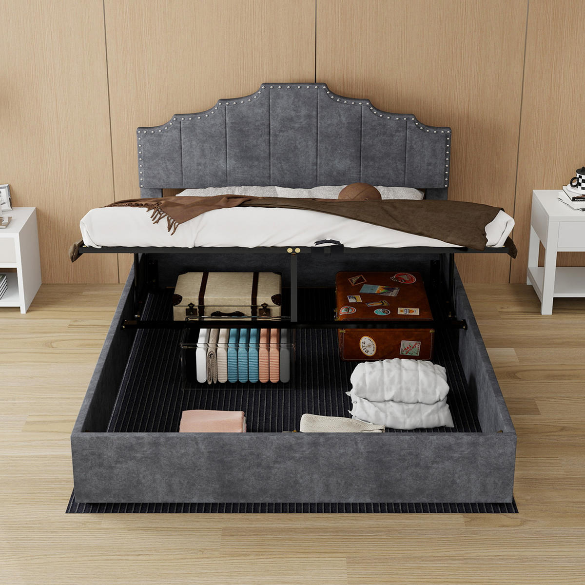 POLSTERBETT 140/200 mit Gasdruckfeder, gepolstertem Kopfteil und Ziernieten in Grau - Grau, Holzwerkstoff/Textil (140/200cm) - EVRYAE