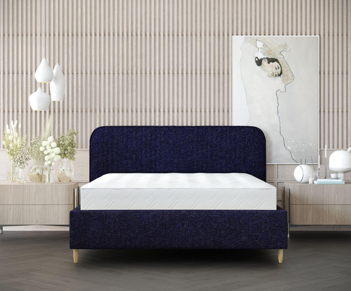 POLSTERBETT Livy Marineblau 160/200 cm im Chenille-Stoff - Naturfarben/Dunkelblau, Holz/Holzwerkstoff (160/200cm) - Maison de Reve