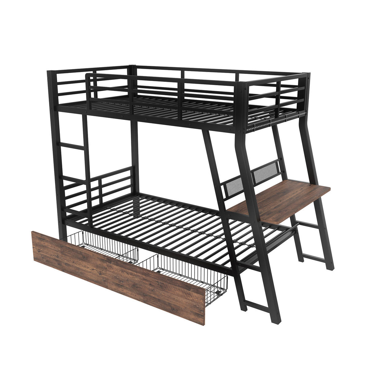 HOCHBETT mit Schreibtisch, Schubladen und LED 90x200 cm Schwarz - Schwarz, Metall (90/200cm) - Beauniv