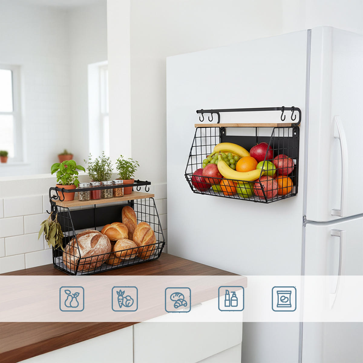 2XNÁSTENNÝ ovocný košík - čierna, kov/drevo (30cm) - Relaxdays