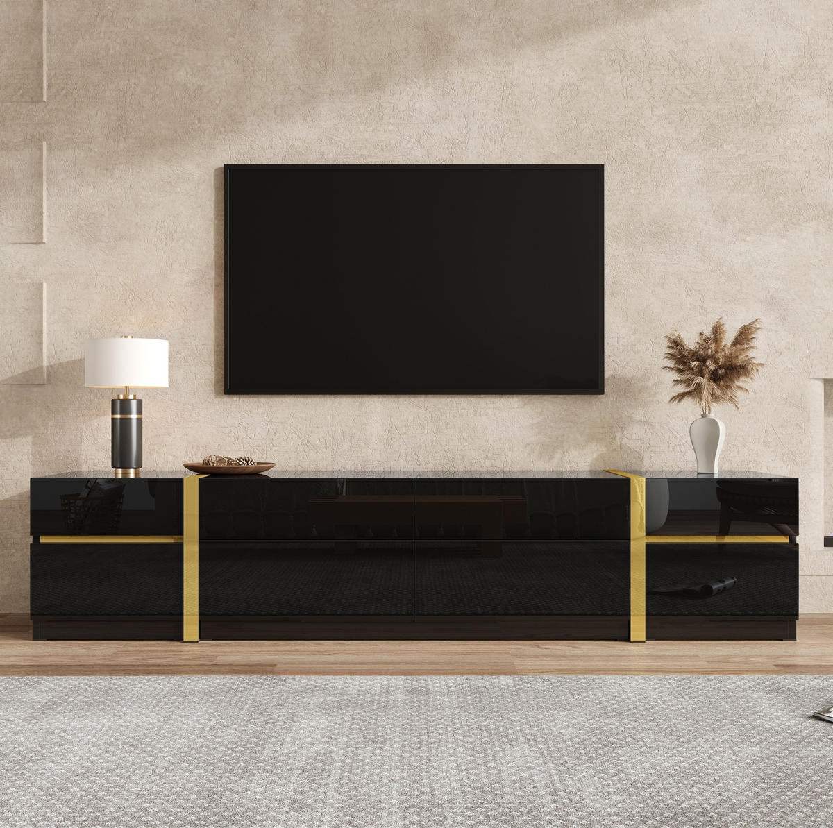 TV-LOWBOARD aus MDF und Spanplatte 180x40x38 cm Schwarz mit Hochglanzfront, 4 Schubladen und 2 Türen - Schwarz, Holzwerkstoff (180/38/40cm) - IVMEU
