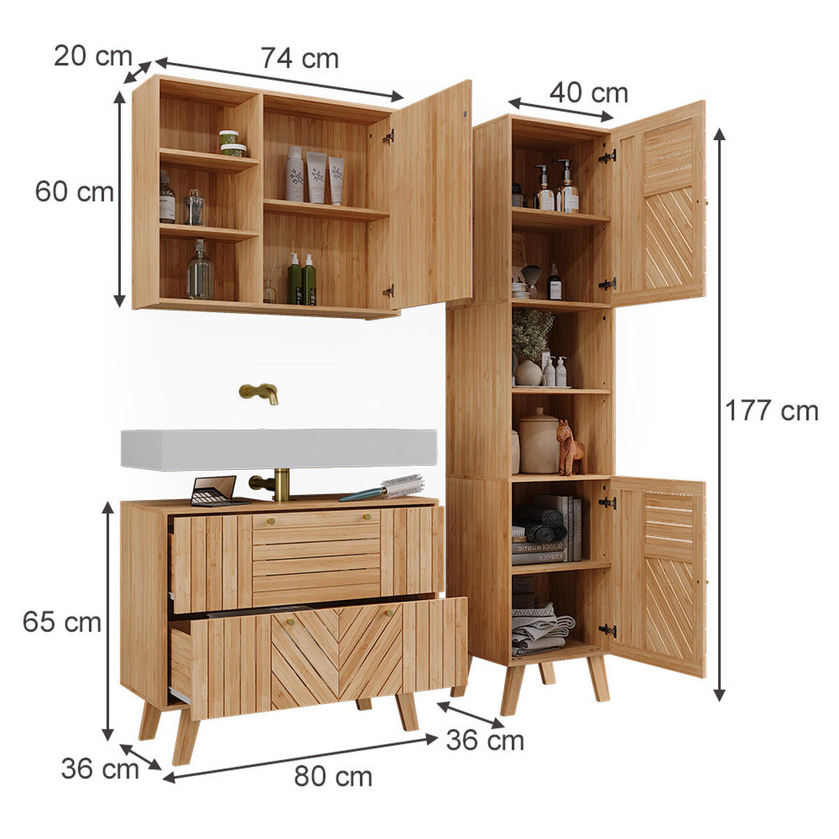 BADMÖBEL-SET Lucie Bambus 3 Teile - Grün, Holzwerkstoff (80/65/36cm) - Vicco
