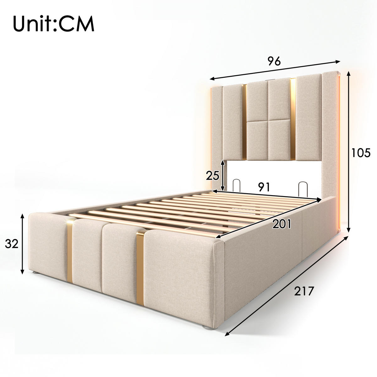 POLSTERBETT 90/200 cm Beige aus Leinen mit Stauraum - Beige, Textil (90/200cm) - OKMYHOME