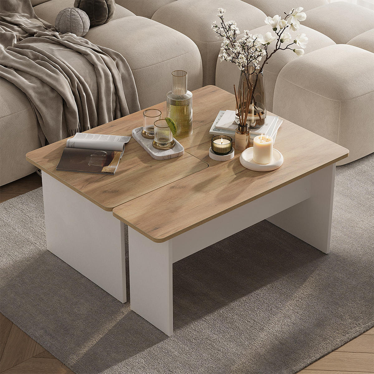 COUCHTISCH-SET Duvo, Goldkraft Eiche/Weiß, 135 x 50 cm 2er Set - Honigeiche/Weiß, Holzwerkstoff (50/135/42cm) - Vicco