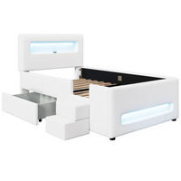 POLSTERBETT 90/200 cm mit LED-Beleuchtung, Treppe, Schublade und PU-Bezug, Weiß - Weiß, Holzwerkstoff (90/200cm) - Redom