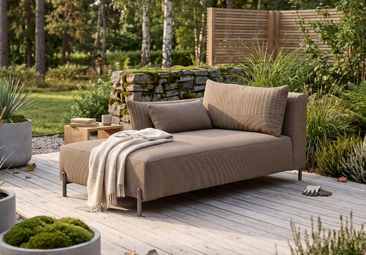 CHAISELONGUE für Terrasse und Garten, Stoff Sunlight, Toffee, Links, SUNMEE - Braun, Holz (80/90/165cm) - Kaiser Möbel