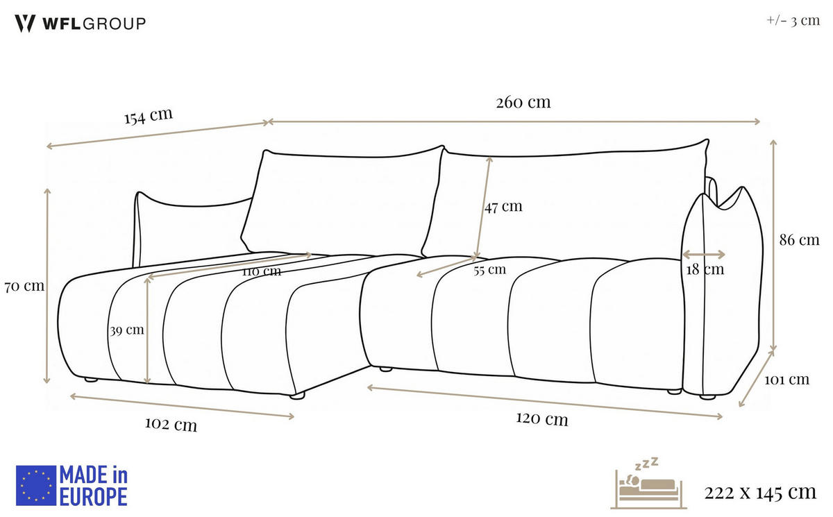 ECKSOFA Liv mit Schlaffunktion & Bettkasten in Cordstoff Grau, Universell 260/154/86 cm - Schwarz/Grau, Kunststoff/Textil (260/154cm) - WFL GROUP
