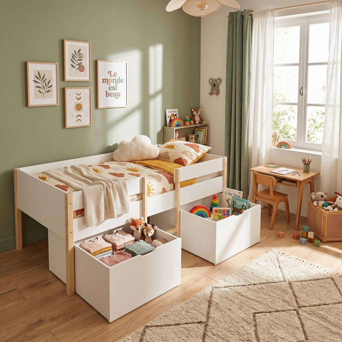 KINDERBETT ZEPHIR mit Schubladen/ 90X190 cm- Weiß & Naturlack - Multicolor, Holzwerkstoff (90/200cm) - Weber Industries