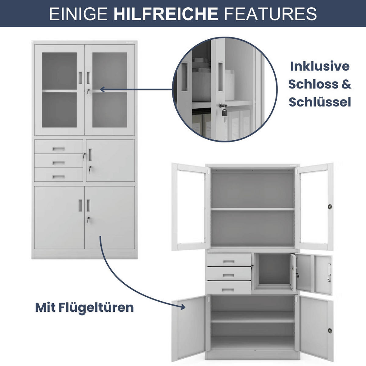 VITRINENSCHRANK abschließbar GEDO mit Tresor 185x90x40cm Grau - Grau, Metall (90/185/40cm) - DELUKE