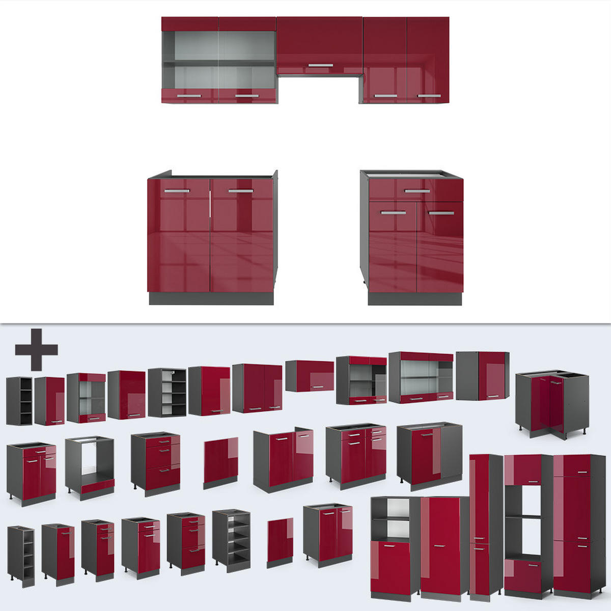 KÜCHENZEILE R-Line Bordeaux Hochglanz/Anthrazit 200 cm, AP Marmor - Bordeaux/Anthrazit, Holzwerkstoff (200/81.6/60cm) - Vicco