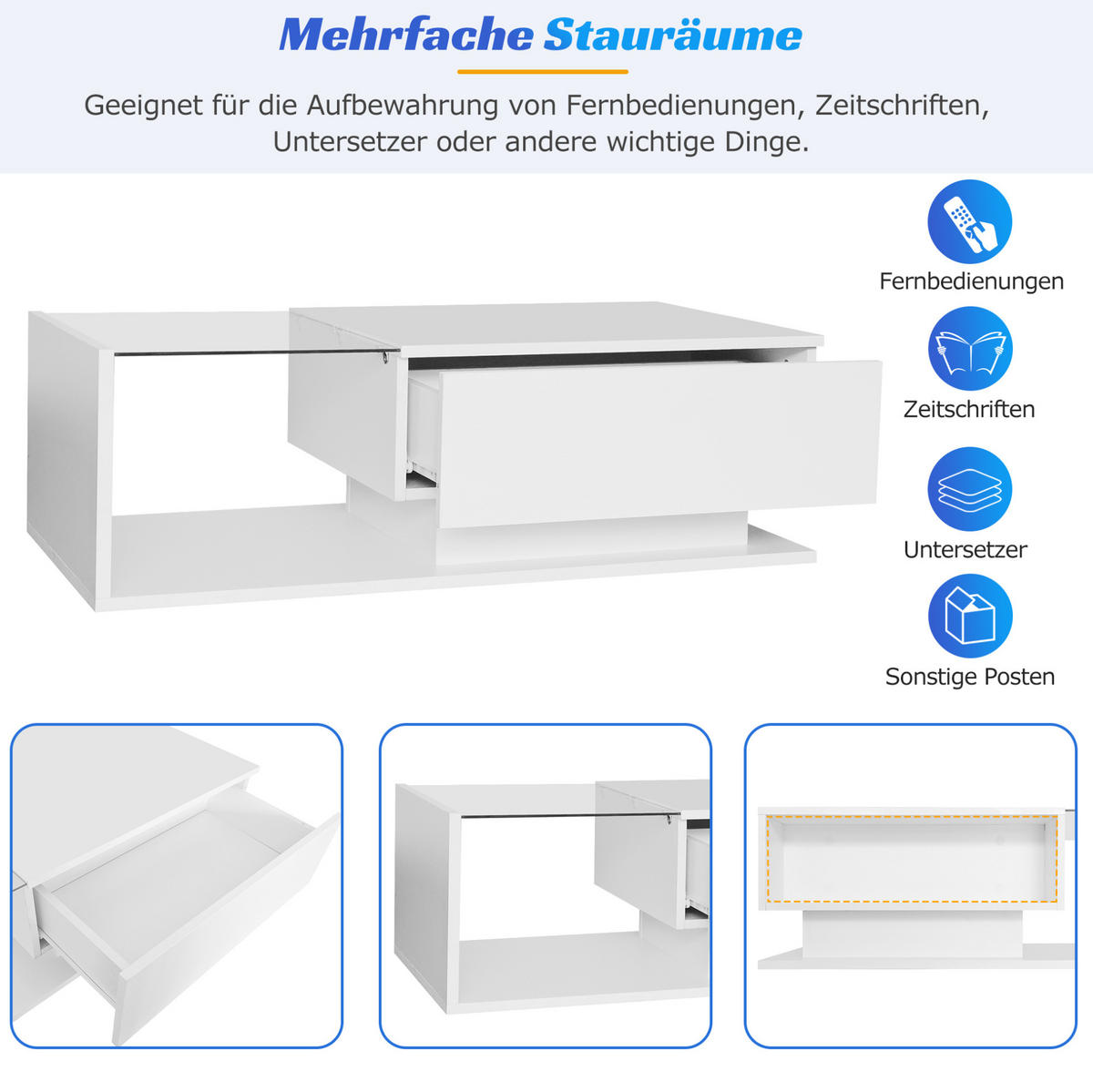 COUCHTISCH 100/50/32 cm in Weiß aus Spanplatte mit Schublade und LED-Beleuchtung - Weiß, Holzwerkstoff (100/50/32cm) - OKMYHOME