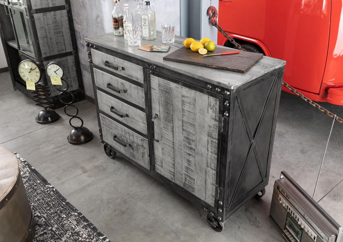 SIDEBOARD Mango 120x46x92 grau lackiert HEAVY INDUSTRY #125 - Grau, Metall (120/92/46cm) - Massivmoebel24