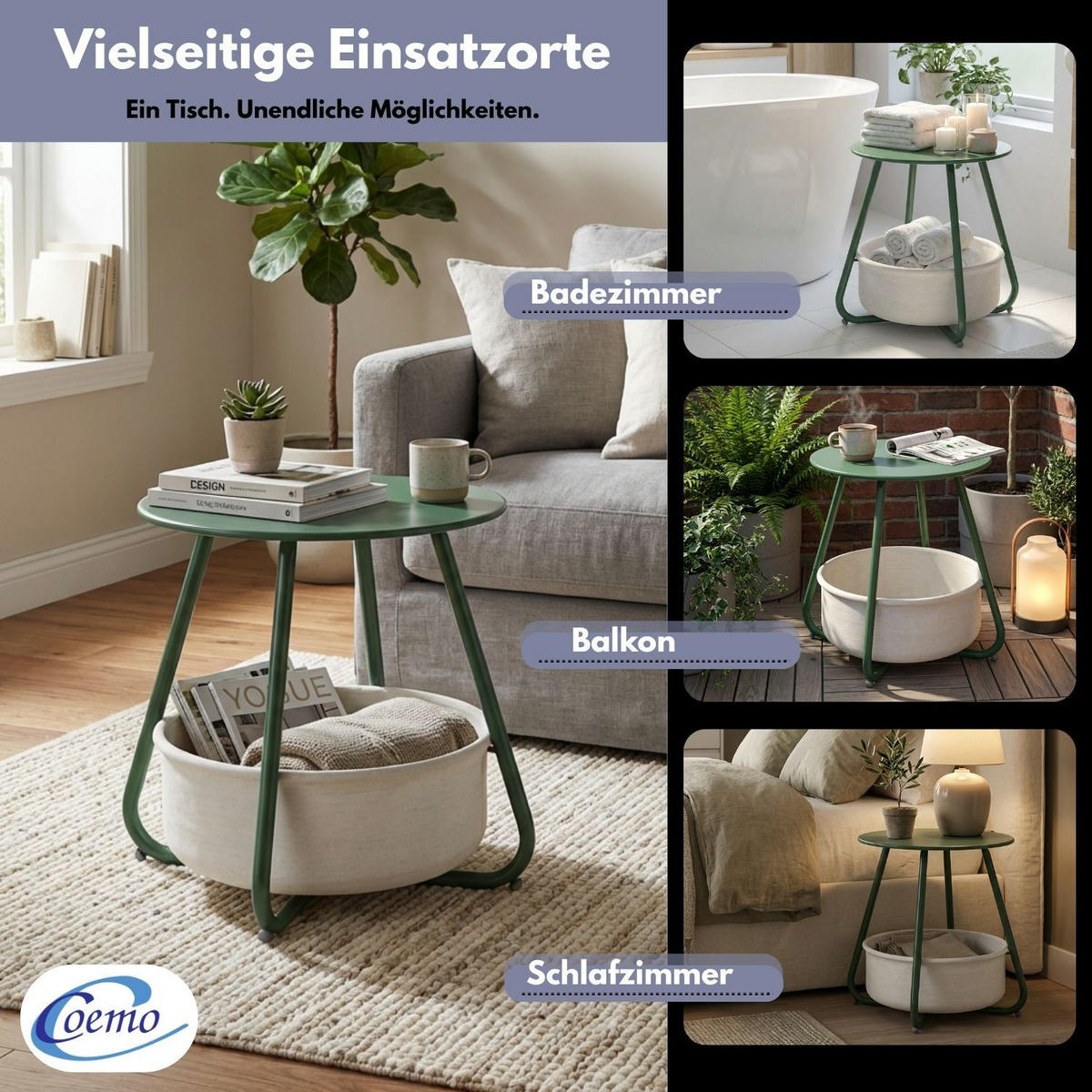 COUCHTISCH KOSI Metall mit Aufbewahrungskorb Canvas Grün - Grün, Metall (50/50/45cm) - Coemo