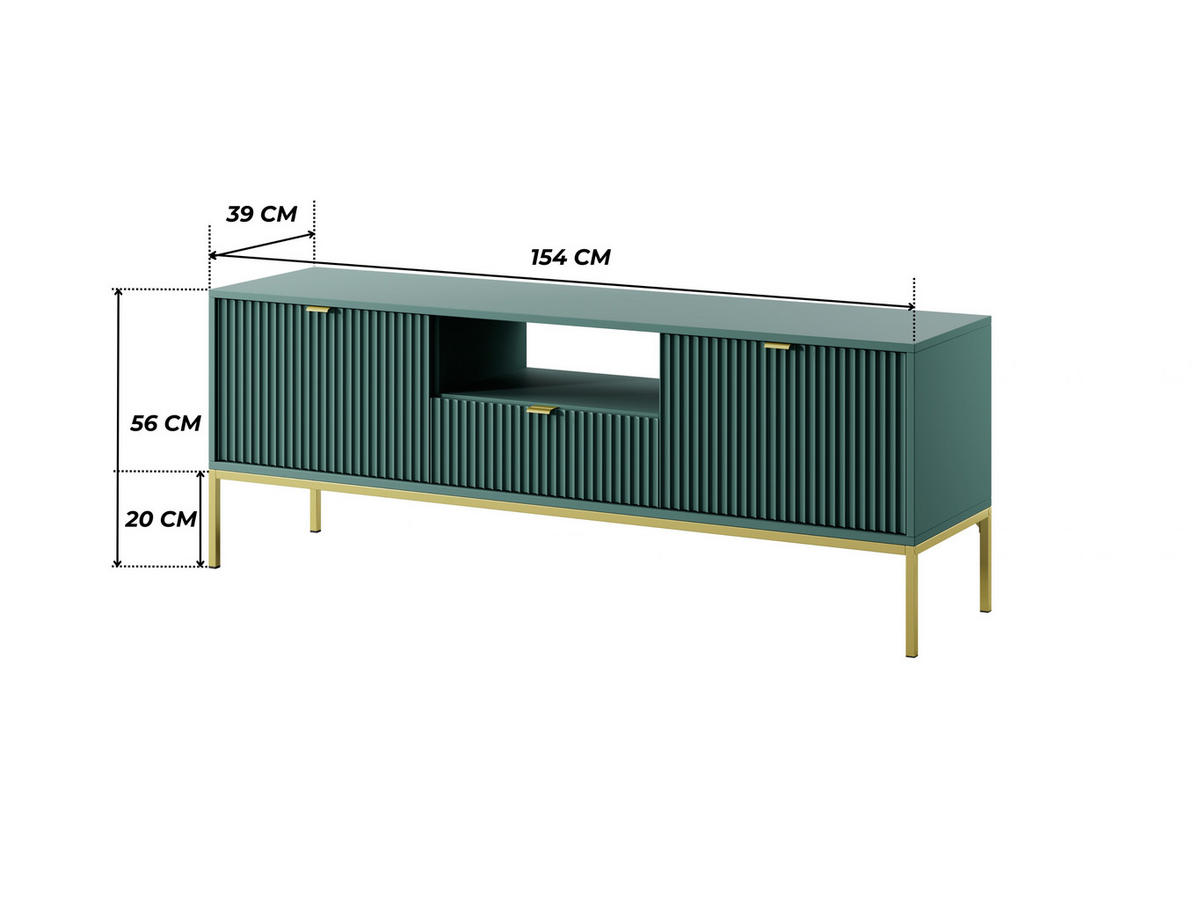 GRÜNES Modernes Geriffeltes TV-Board KIOTO RTV2D1SZ (Gold Gestell, Soft-Close Türen) - Goldfarben/Grün, Holz/Holzwerkstoff (154/56/39cm) - Ravio
