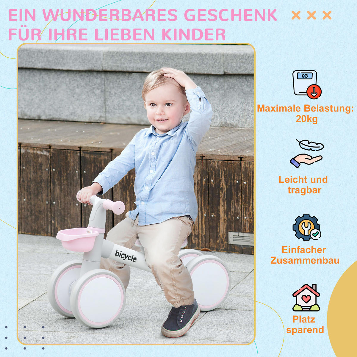 KINDER Laufrad Lauffahrrad ab 1 Jahr mit TPU-Rädern keine Schrauben Rosa+Weiß - Rosa, Metall (56/27/39cm) - AIYAPLAY