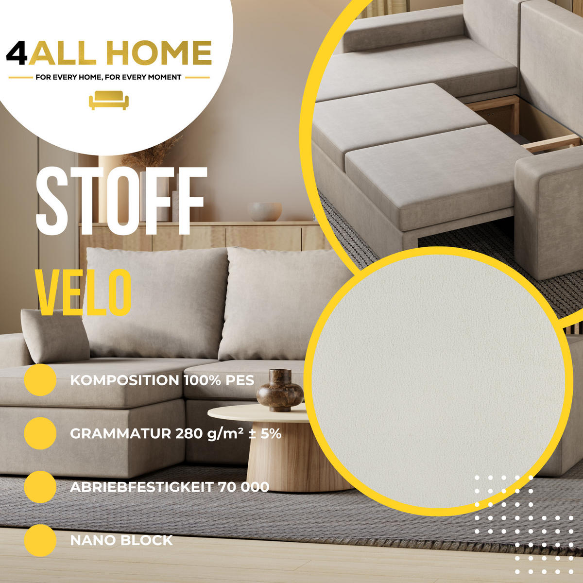ECKSOFA Paco mit Bettkasten und Schlaffunktion, L-Form/XL-Form, Velourstoff, Universal - Weiß, Holzwerkstoff (246/145cm) - 4ALL HOME