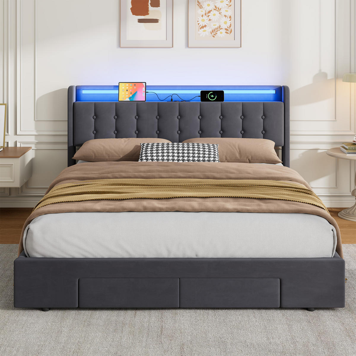 POLSTERBETT 180/200 cm in Dunkelgrau Samt mit Bettkasten, Schubladen und USB/LED-Beleuchtung - Dunkelgrau, Holzwerkstoff/Textil (180/200cm) - CHICFURN