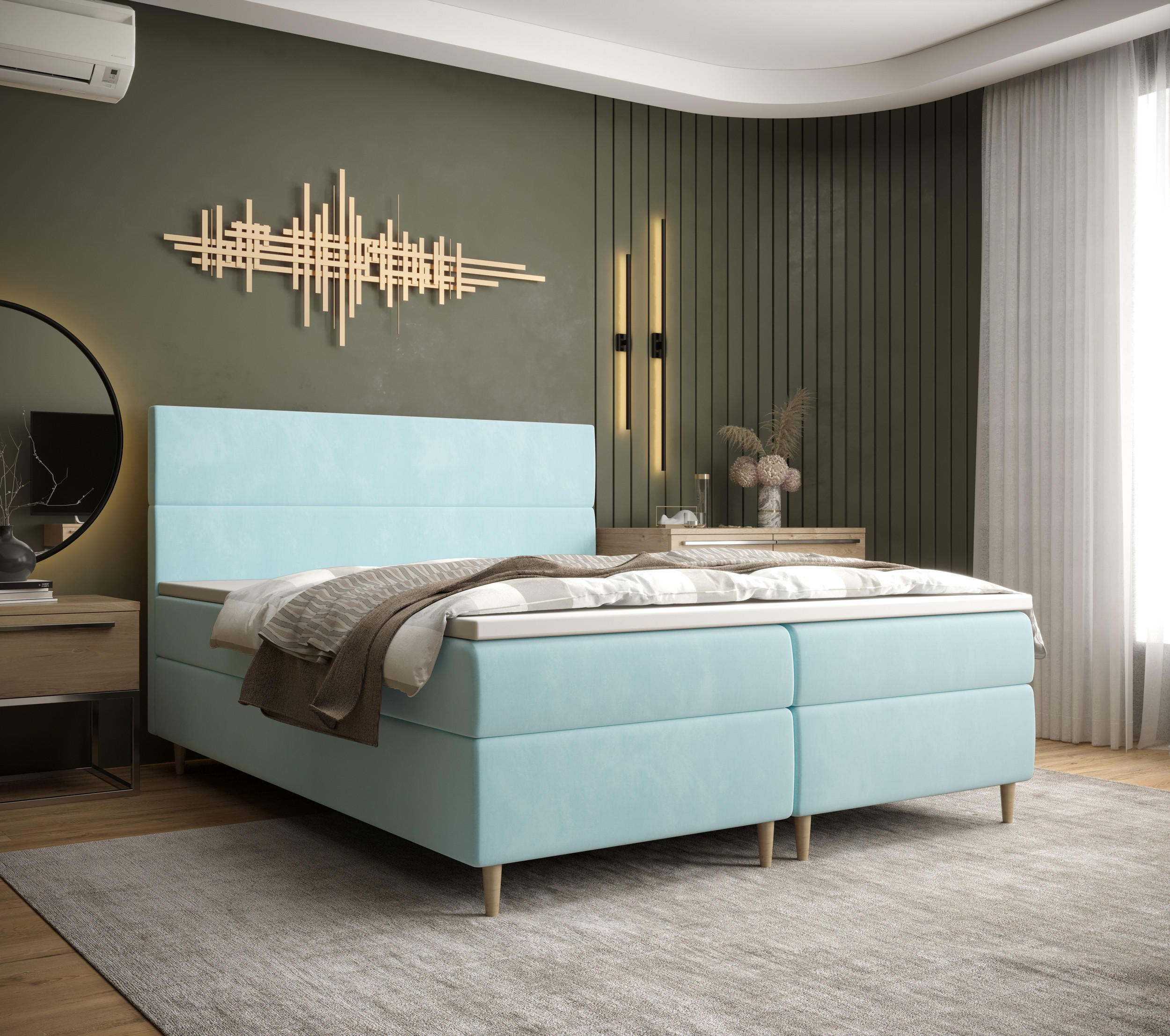 BOXBETT FLO mit Matratze H3, Bonell und Topper 180x200 Itaka 13 - Hellblau, Holz/Textil (180/200cm) - Bedante