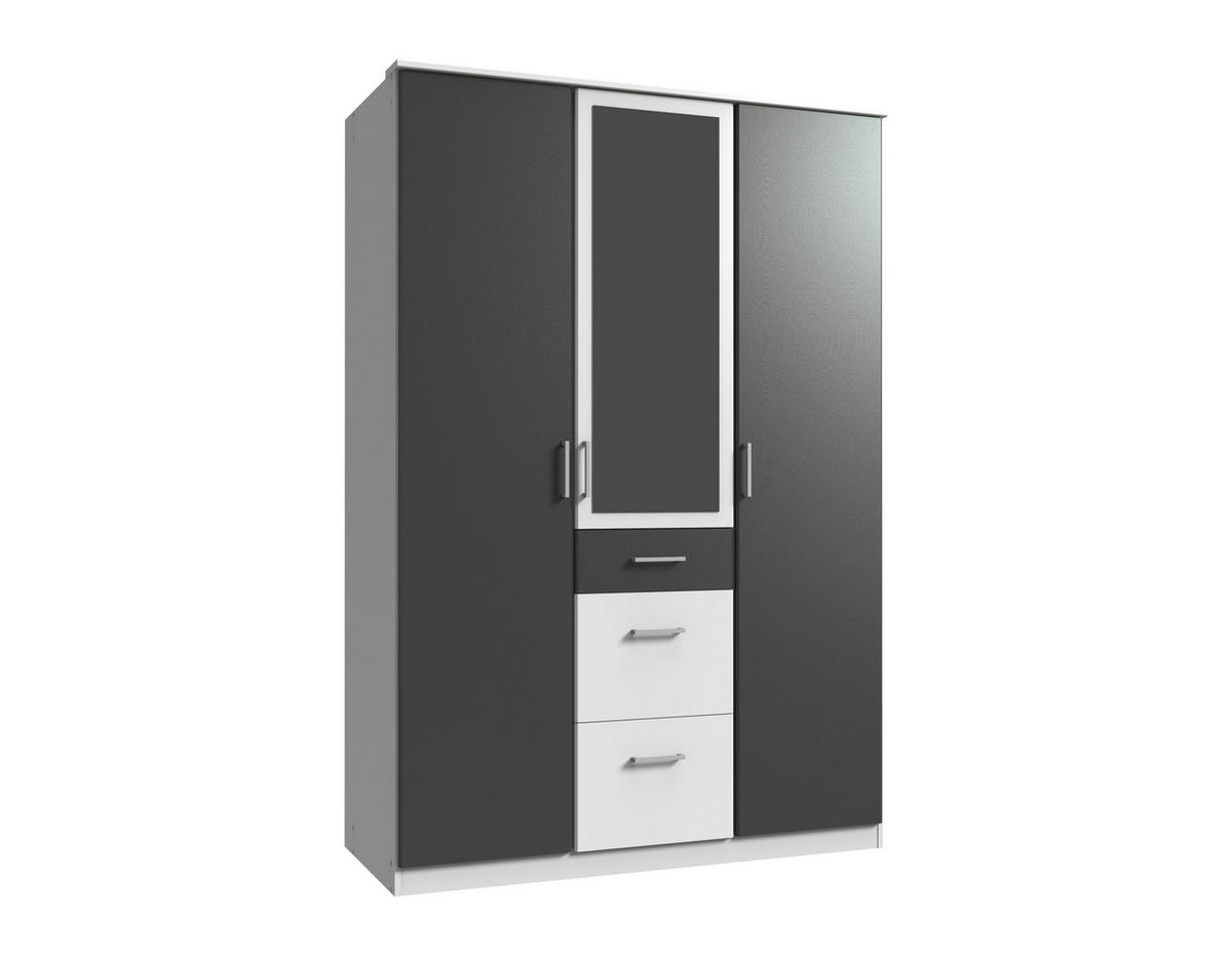 DREHTÜRENSCHRANK Click in Weiß mit Grafit - 135 cm Breite mit Spiegel - Weiß, Holzwerkstoff (135/199/58cm)