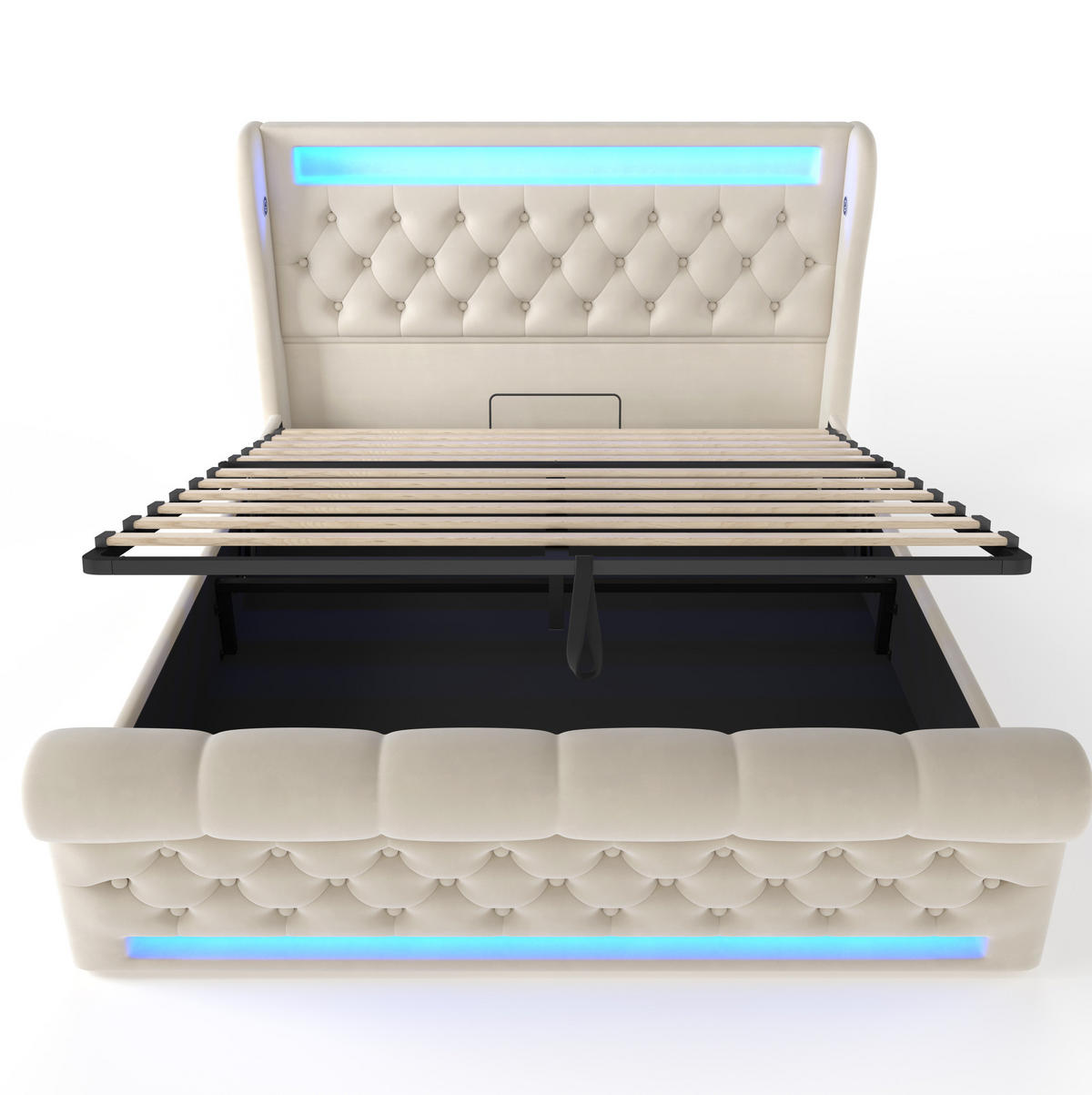 POLSTERBETT 160/200 cm Beige mit LED-Beleuchtung und Stauraum-Kopfteil - Beige, Textil (160/200cm) - OKWISH
