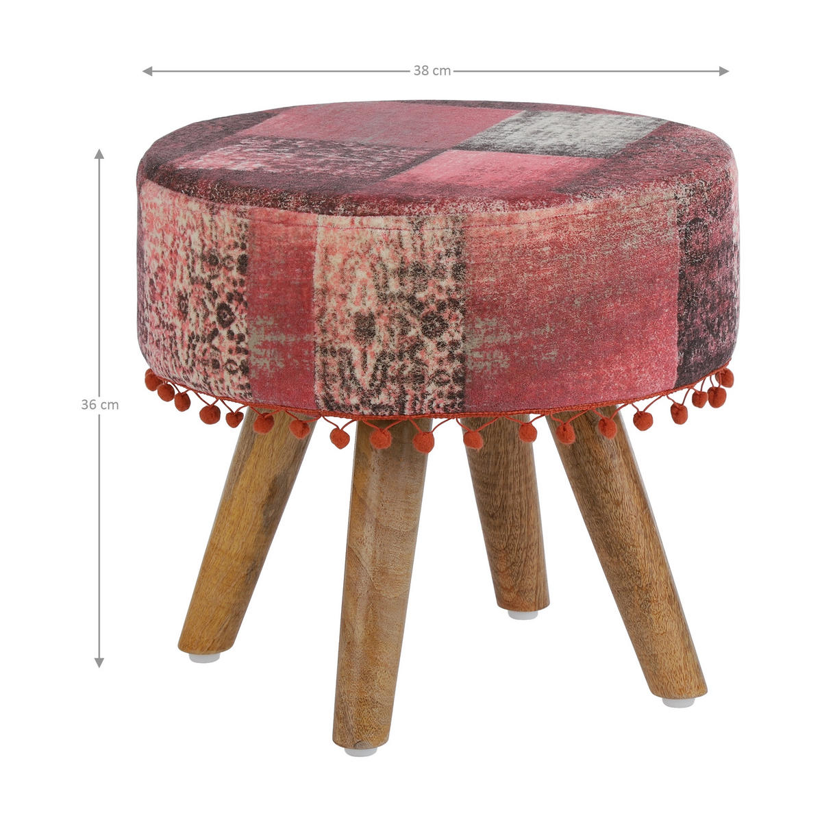 SITZHOCKER Rot rund 38x36 cm mit Holzbeinen und Stoffbezug Boho Vintage - Rot, Holz (38/36/38cm) - WOMO-DESIGN
