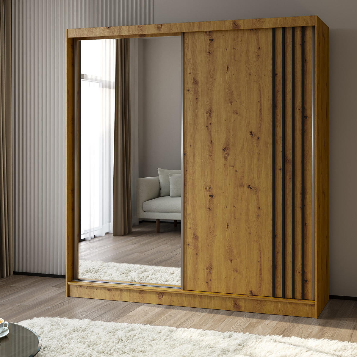 SCHWEBETÜRENSCHRANK NELVIA 200/216/61 cm 2-türig mit Spiegel Eiche Artisan - Eiche Artisan, Holzwerkstoff (200/216/61cm) - MASSENO