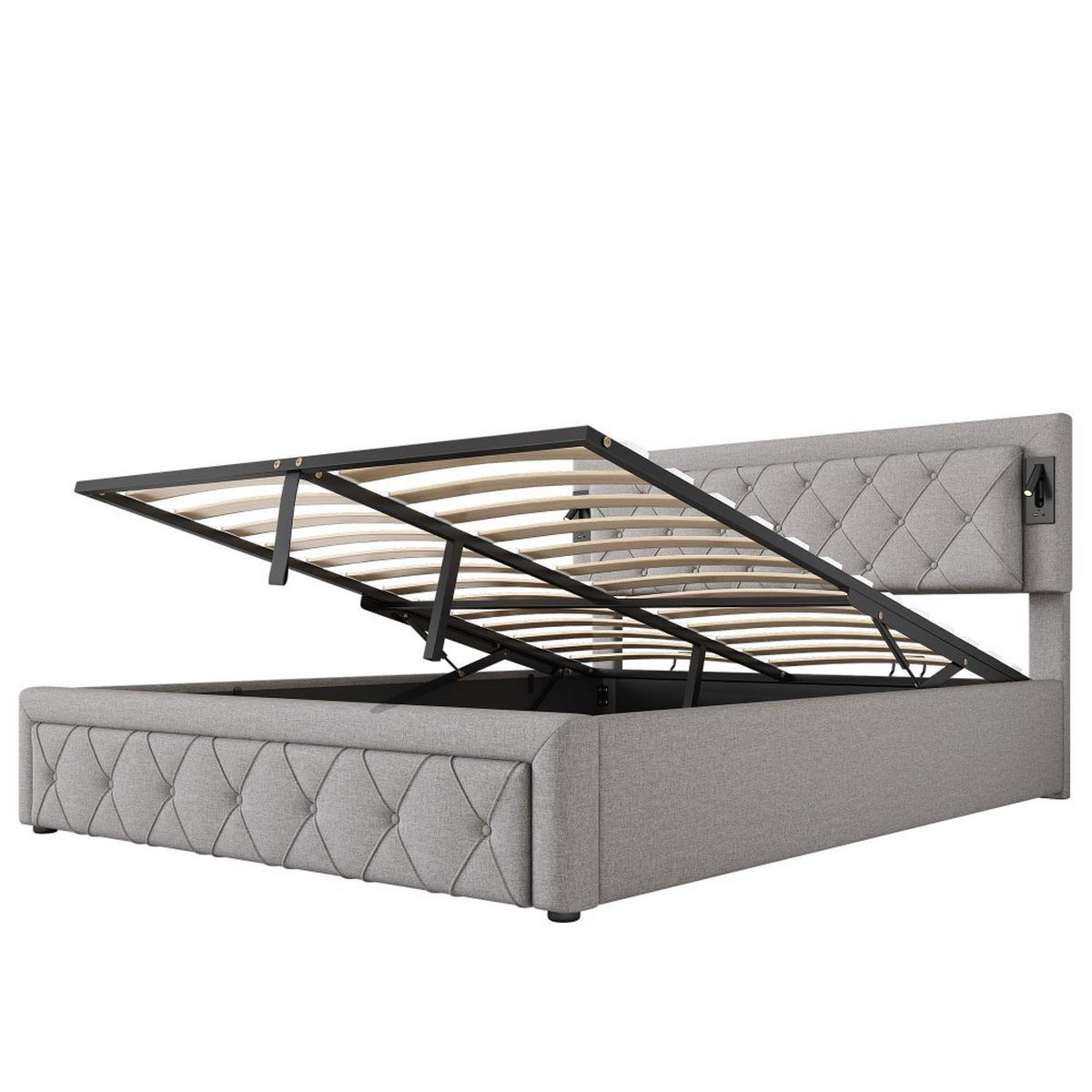 POLSTERBETT 160x200 cm in Grau Leinen mit Downlight & USB-Schnittstelle - Grau, Holz/Textil (160/200cm) - KOMHTOM