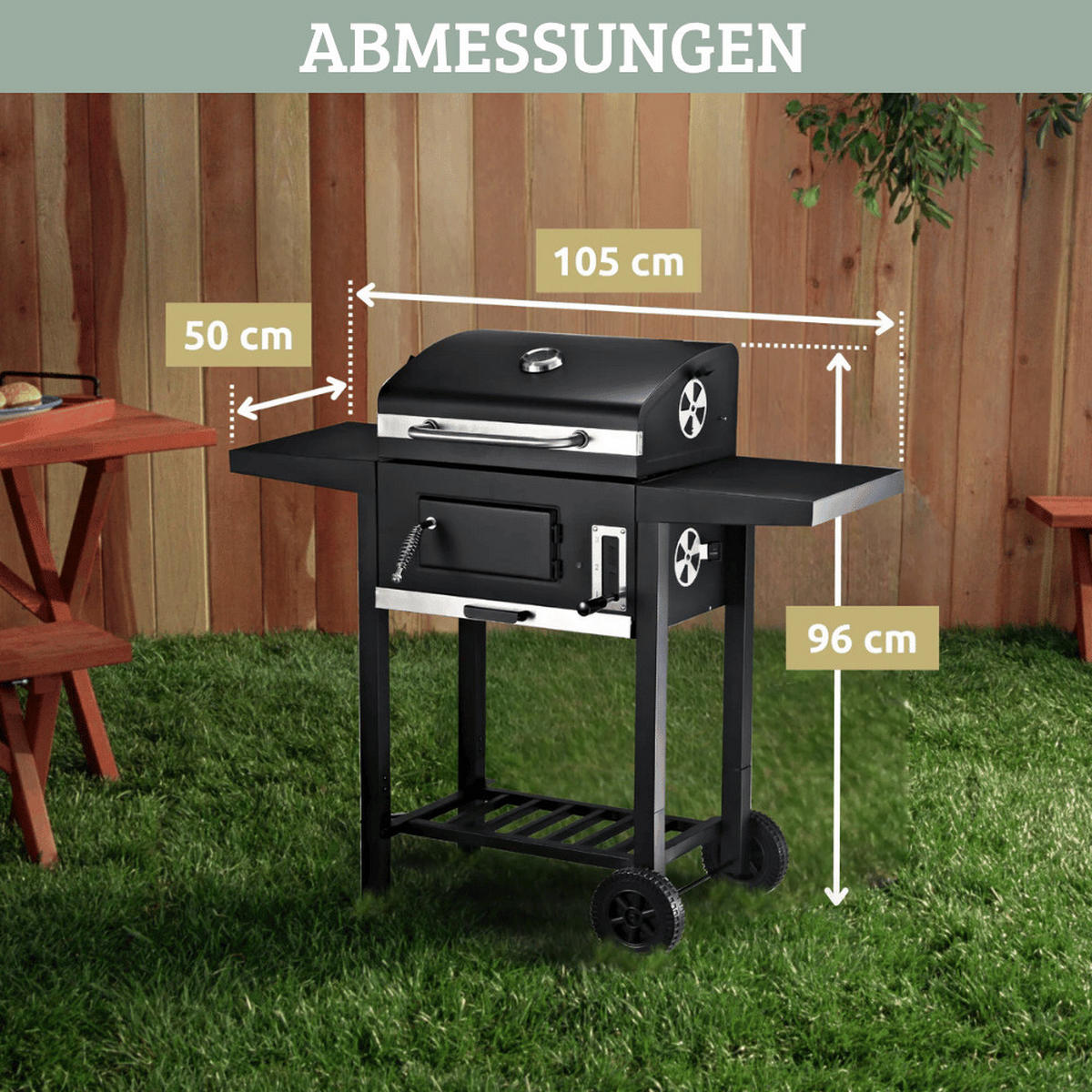 HOLZKOHLEGRILL mit Deckel OLLI Grillwagen Edelstahl-Griff - Schwarz, Metall (105/96/50cm) - DELUKE
