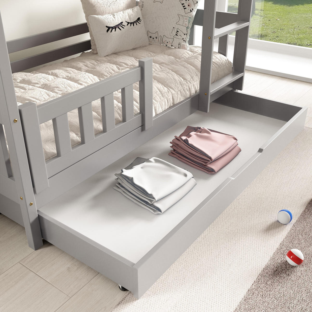 ETAGENBETT LUCIA mit Bettkasten 80x160 cm Hellgrau - Hellgrau, Holz (80/160cm) - MASSENO