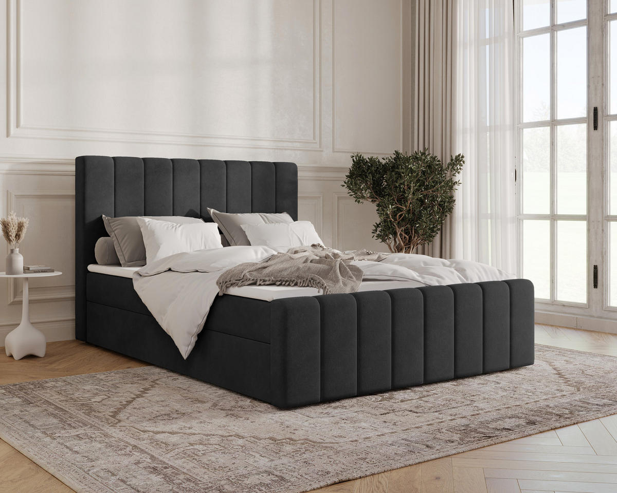 BOXBETT 01 BIS 180 x 200 cm - Manila - Modernes Polsterbett mit Bettkasten inkl. PU-Schaum-Topper und Federmechanismus - Schwarz, Holz (180/200cm) - ROYAL24_MARKT