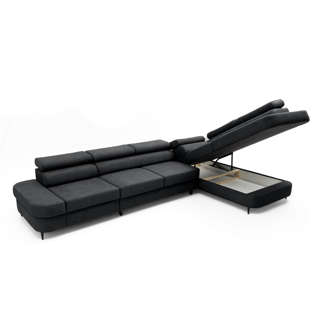 ECKSOFA PRIAM MAXI L-Form Rechts mit Schlaffunktion 125x195 Velours Anthrazit - Anthrazit/Schwarz, Holz/Textil (350/203cm) - Muffo