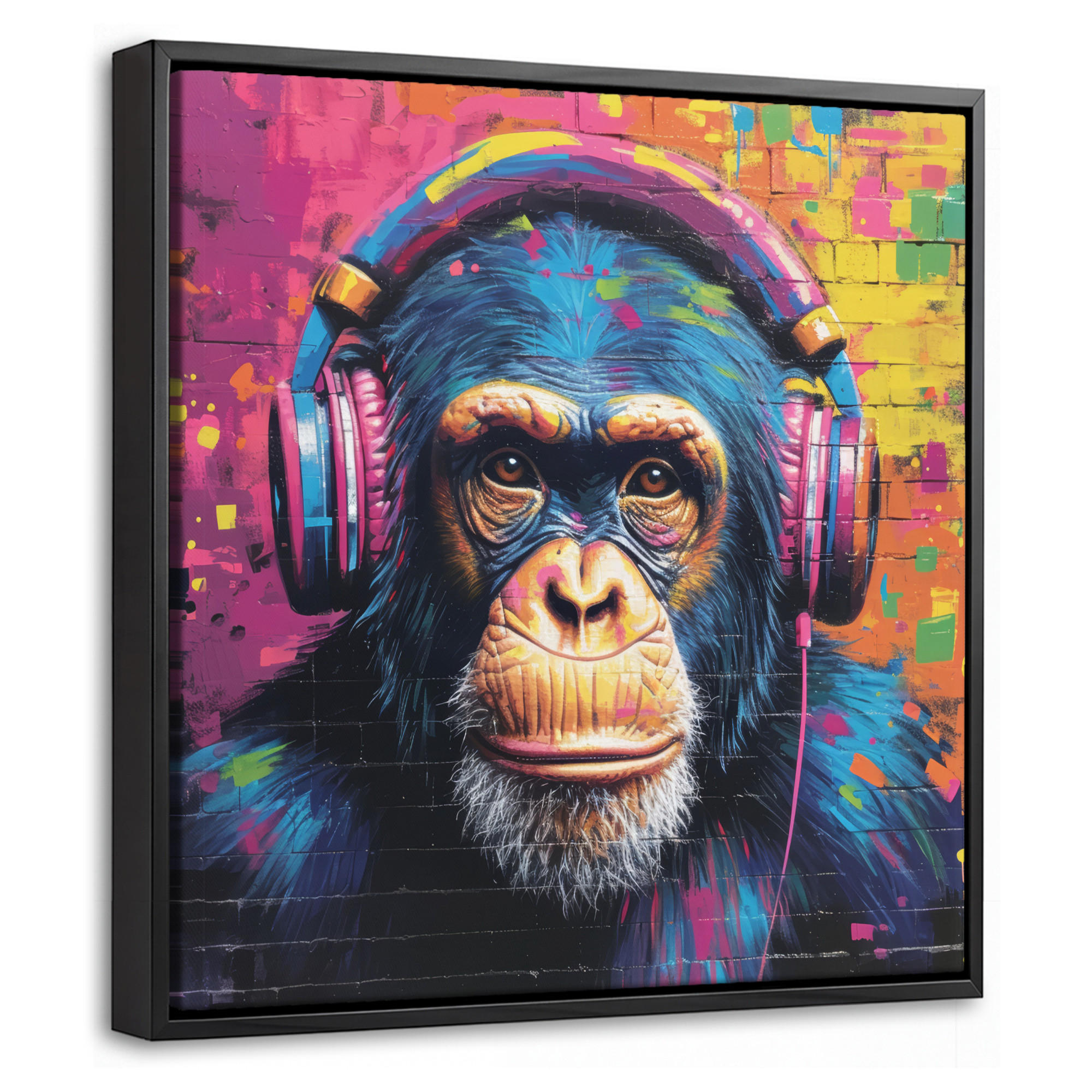 LEINWAND Bilder mit Rahmen - Graffiti - Schimpanse - Straßenkunst - Kopfhörer - Affe - 20x20 - Blau, Textil (20/20cm) - MuchoWow