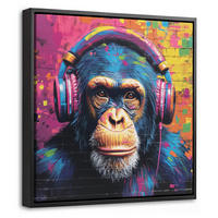 LEINWAND Bilder mit Rahmen - Graffiti - Schimpanse - Straßenkunst - Kopfhörer - Affe - 20x20 - Blau, Textil (20/20cm) - MuchoWow