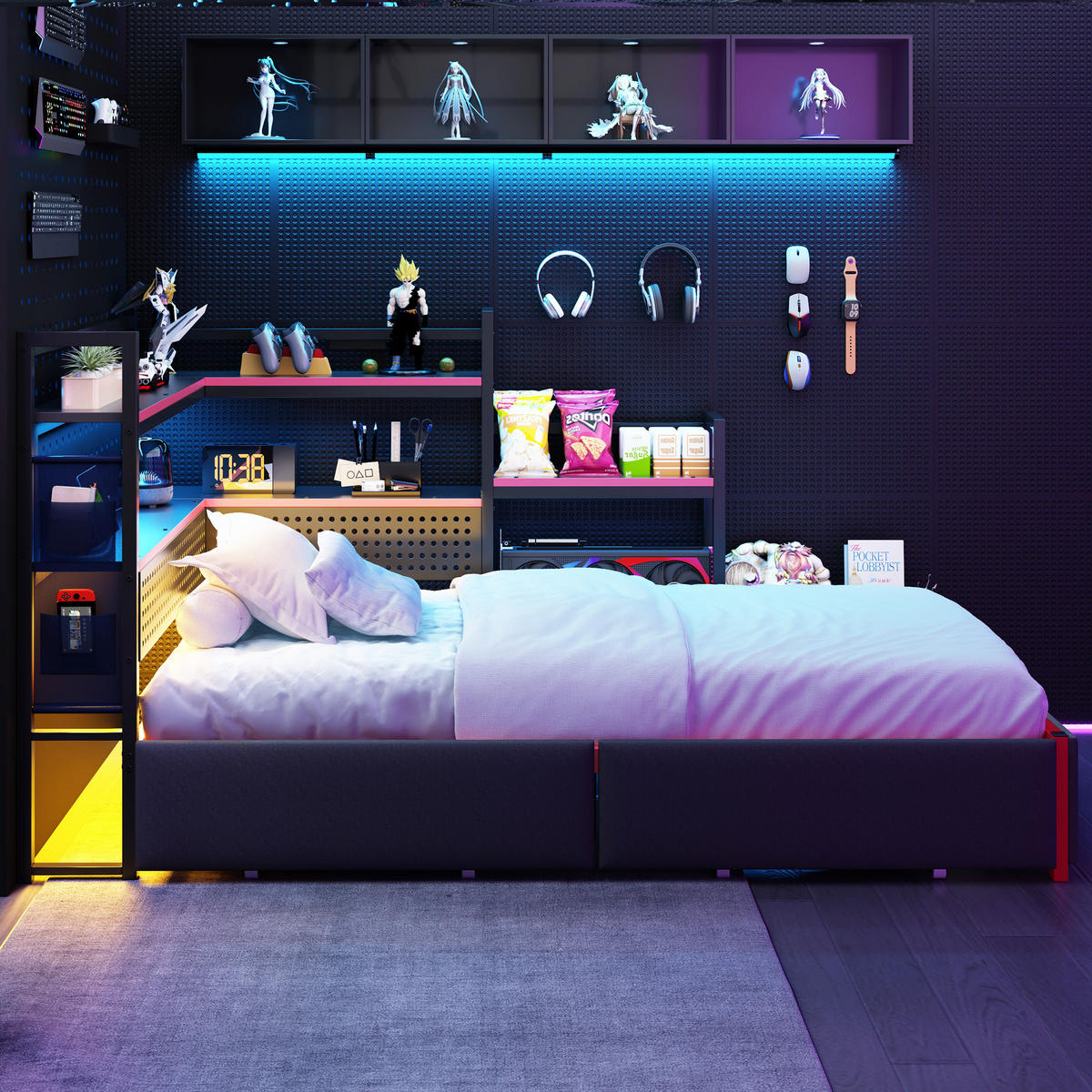 METALLBETT 90/200 cm in Schwarz mit Schubladen, LED, USB und Lochwand - Schwarz, Metall (90/200cm) - WISHDOR