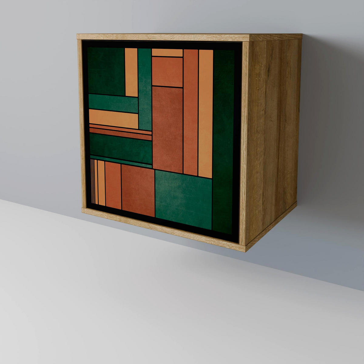 SIDEBOARD EARTHY FIGURES, Eichefarben, 57,5x42x70,5 cm, Schwarze Metall-Sternfüße - Eichefarben/Multicolor, Holzwerkstoff/Metall (57.5/70.5/42cm) - SpaceRebels