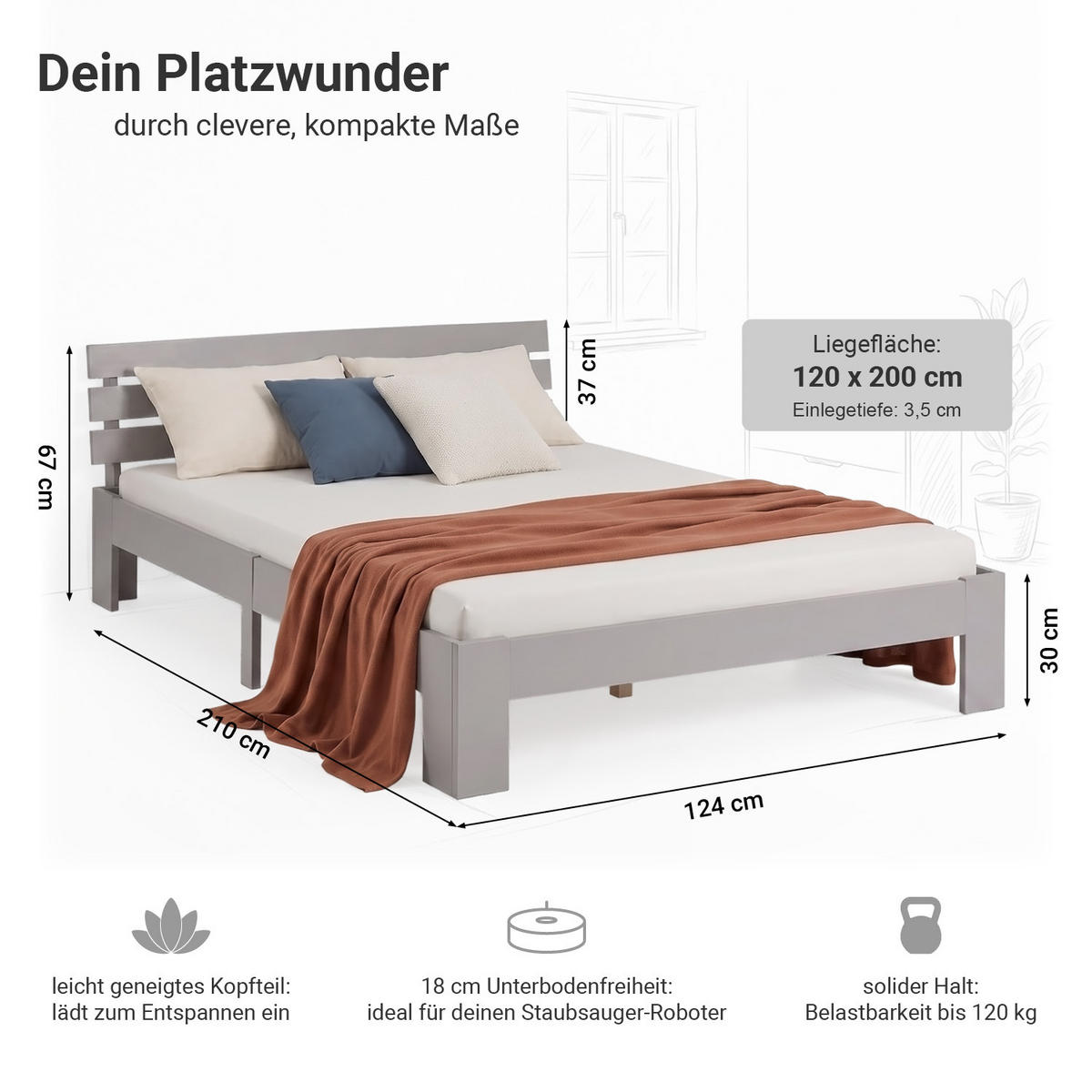 HOLZBETT mit Matratze 120/200 cm grau - Grau, Holz (120/200cm) - Homestyle4u