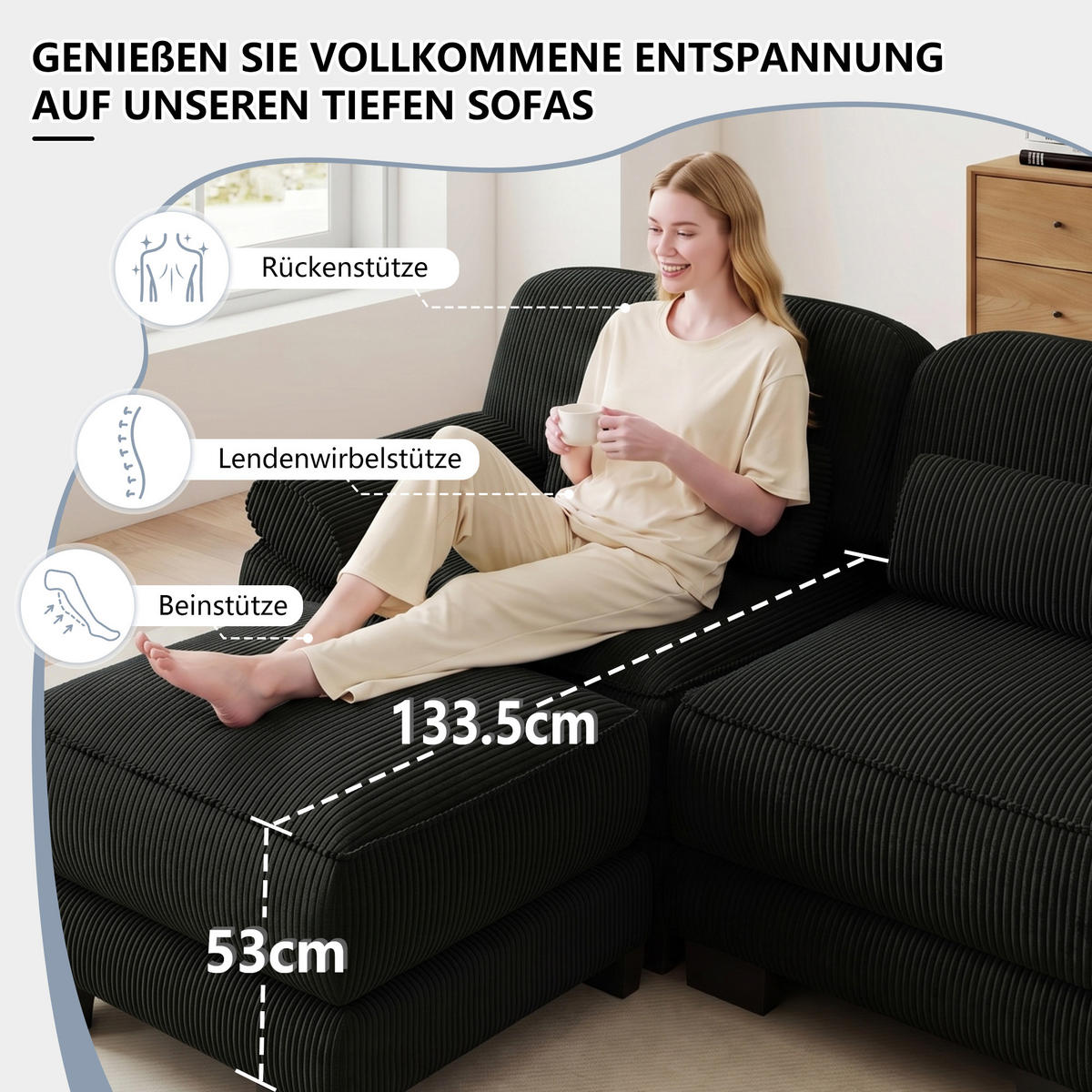 ECKSOFA 3-Sitzer L-Form mit Hocker, DE-42659, Schwarz - Schwarz, Holz (265/161cm) - ComfortXL