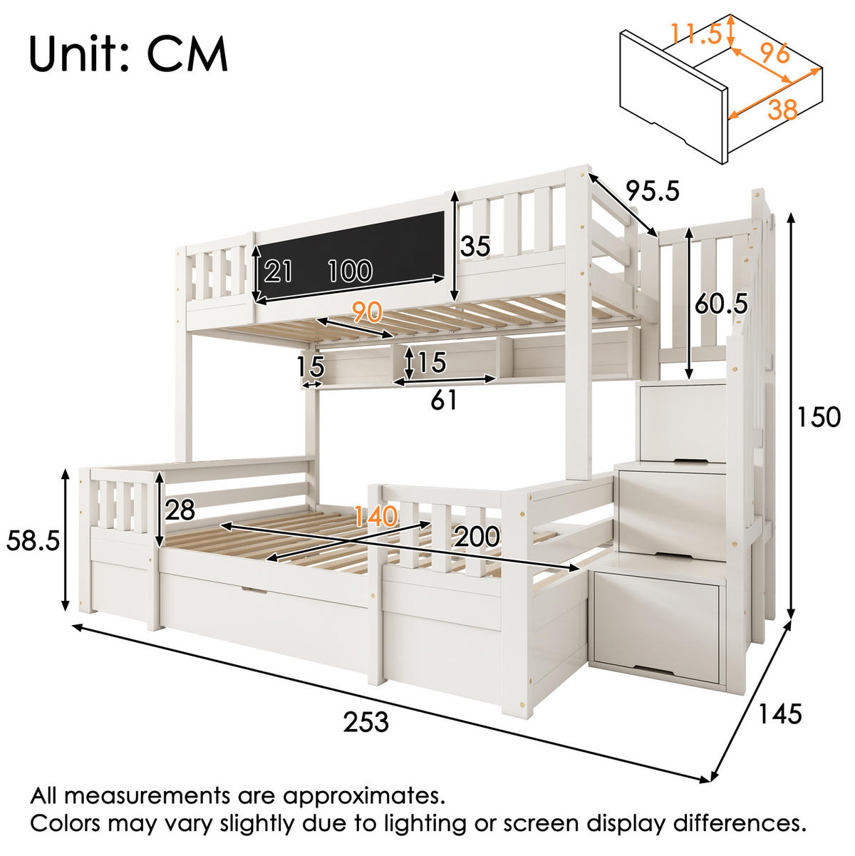 ETAGENBETT 90/140x200 cm in Weiß mit Kreidetafel und Stauraum - Weiß, Holzwerkstoff (90/200cm) - OKMYHOME