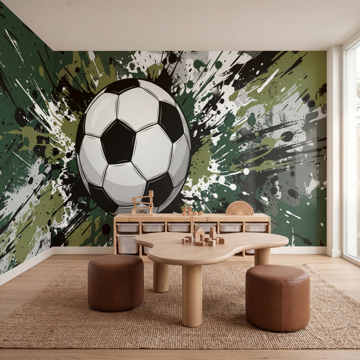 KINDERTAPETE - Fußball - Farbe - Spritzer - Grün - 450x200 cm - Dunkelgrün, Papier (450/200cm) - OnlyWow