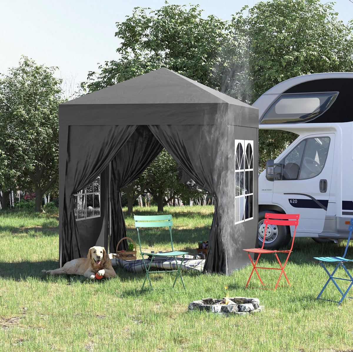 FALTPAVILLON 200/200/240 cm mit 4 Seitenwänden, Fenstern, Tragetasche und Stahlgestell, Schwarz - Schwarz, Metall (200/240/200cm) - Redom