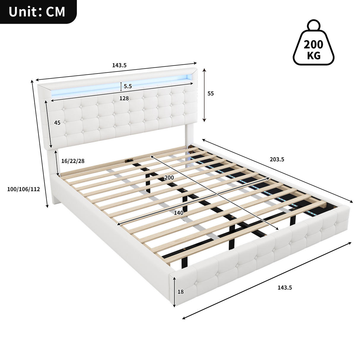 POLSTERBETT 140/200 cm Weiß mit LED-Umgebungslicht und höhenverstellbarem Kopfteil Ohne Matratze - Weiß, Leder (140/200cm) - OKWISH