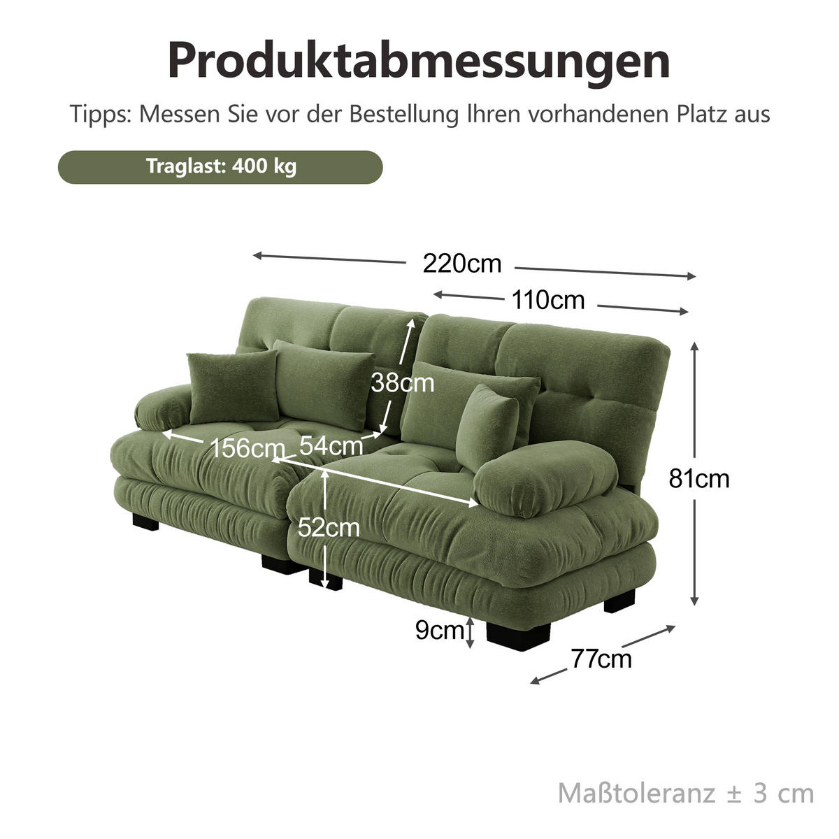 SCHLAFSOFA mit 2 Lendenkissen, 2 Dekokissen und Massivholzrahmen, Grün - Grün, Textil (220/81/77cm) - EVRYAE