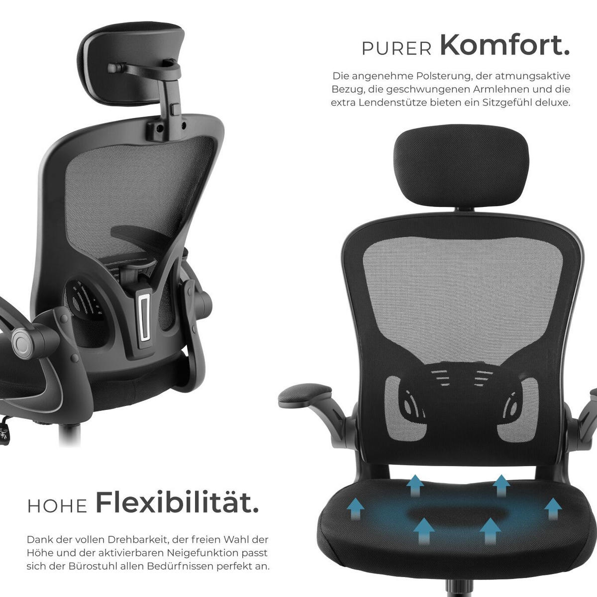 BÜROSTUHL Arges, stufenlos höhenverstellbar, schwarz - Schwarz, Kunststoff (68/131/63cm) - tectake