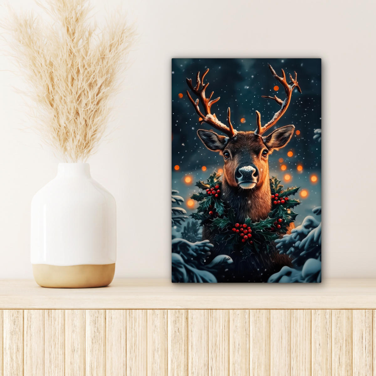 LEINWANDBILD Hirsch - Weihnachten - Winter - Schnee - Weihnachtskranz 20x30 cm - Dunkelbraun, Textil (20/30cm) - MuchoWow