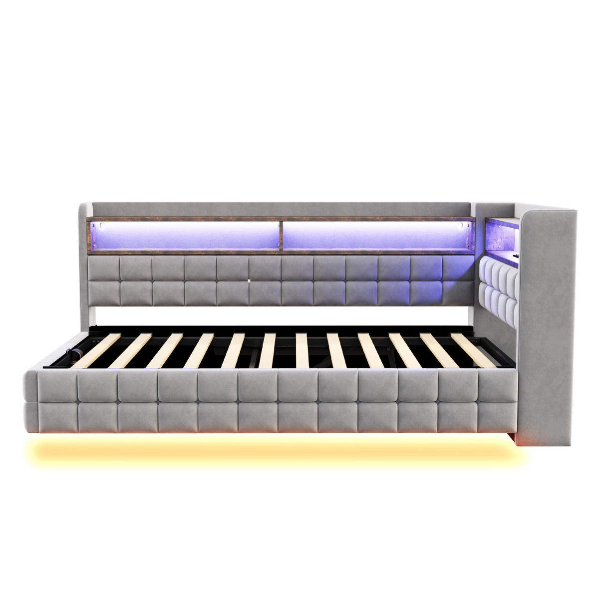 SCHLAFSOFA 90x200 cm in Hellgrau mit Stauraum, LED-Beleuchtung und Ladeanschlüssen - Hellgrau, Textil (90/200cm) - IVMEU