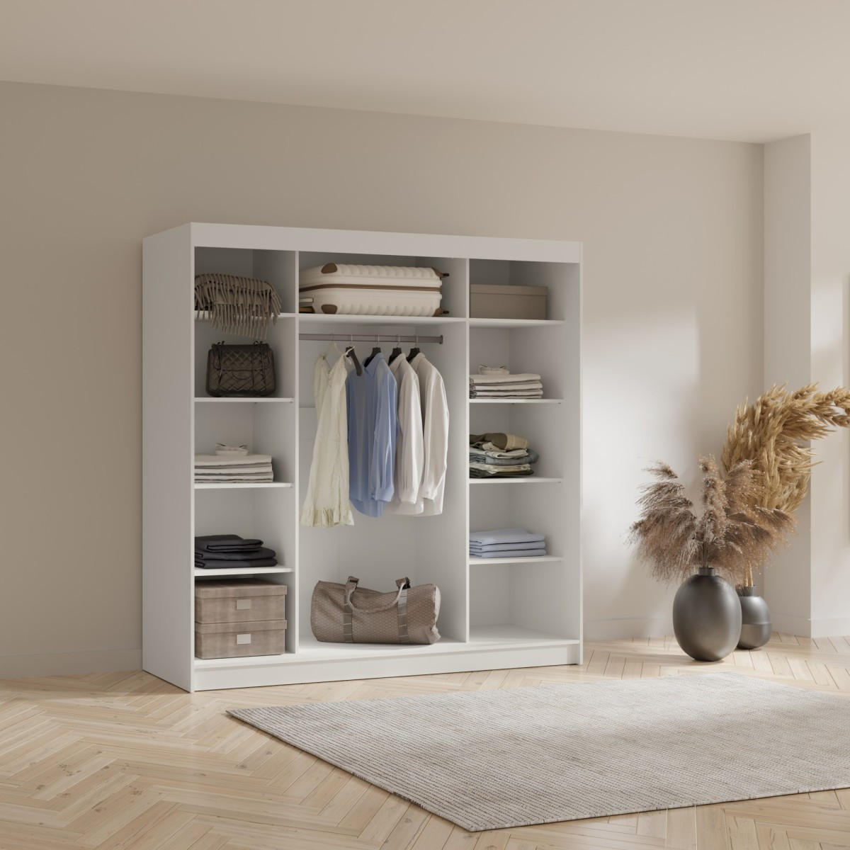 SCHWEBETÜRENSCHRANK mit Spiegel Fiore 3D1L 200 Weiß/Silber - Silberfarben/Weiß, Holzwerkstoff/Metall (200/200/60cm) - mzm24