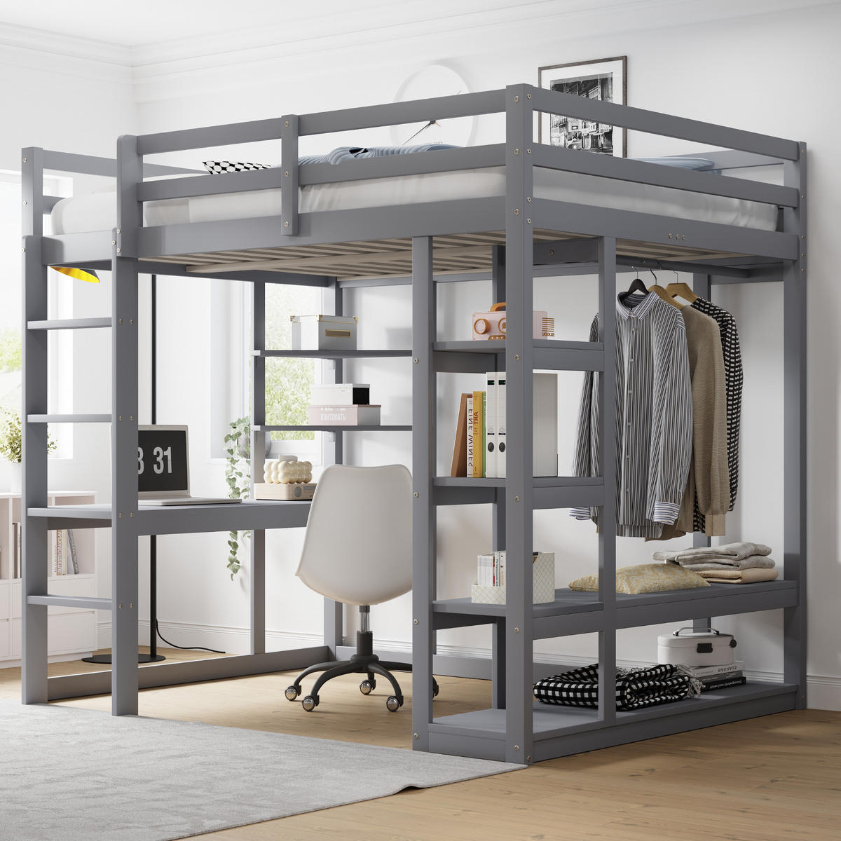 HOCHBETT 140/200 cm Grau aus Massivholz mit Schreibtisch und Regal - Grau, Holz (140/200cm) - OKMYHOME